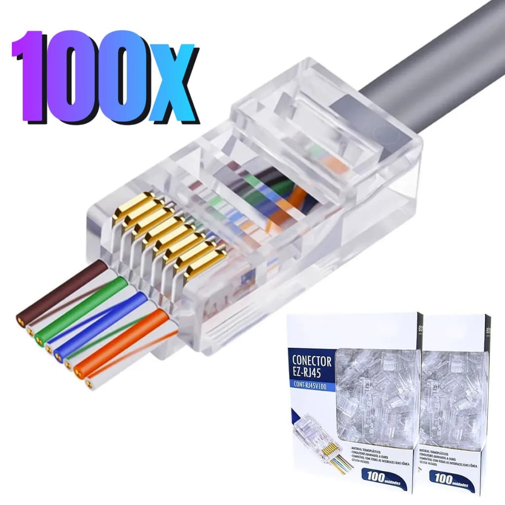 Conector Hibrido RJ45 CAT6 / CAT5E VAZADO Banhado a Ouro10/20/30/50/100 - Rede Alta Velocidade 1Gbps