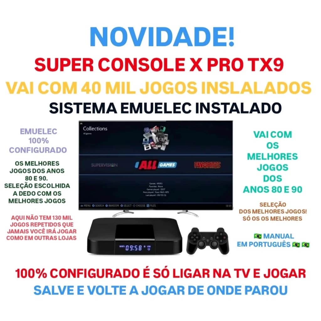 Super Console X PRO Console de Jogos Retrô com 40 Mil Jogos + 2 Controles Sistema Emuelec