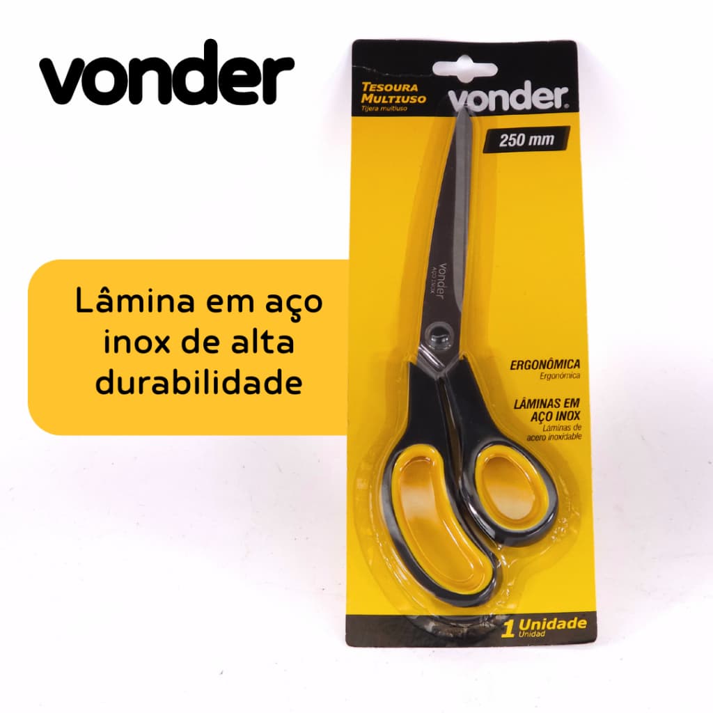 Tesoura Inox Ponta Fina Multiuso Cozinha, Tecido, Escritório 25cm Corte Aço Inoxidavel - Vonder