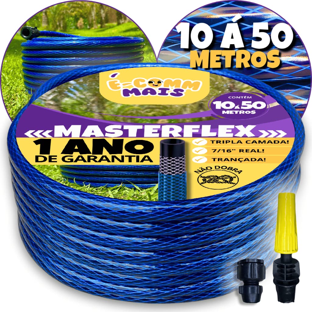 Mangueira de Jardim Trançada Azul 7/16 Real (kit Completo)  10m à 50m  Reforçada Trançada Antitorção