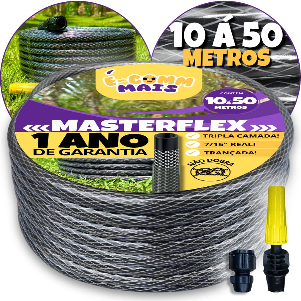 Mangueira de Jardim Trançada Grafite 7/16 (Kit Completo) - 10m à 50m Reforçada Trançada Resistente