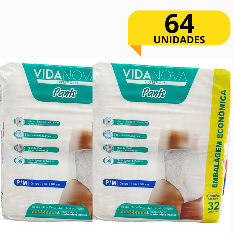 KIT 2 Pcts Fralda Calça Geriatrica Pants Vida Nova P/M PACOTÃO 64 Un Incontinecia Moderada Intensa