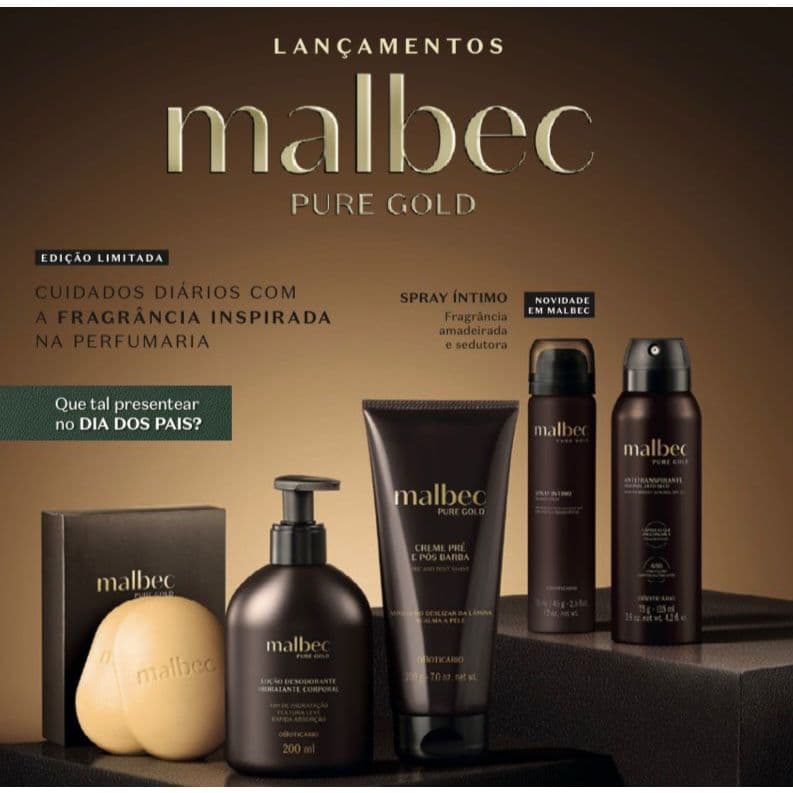 SPRAY, HIDRATANTE  E SABONETE INTIMO MALBEC PURE GOLD LANÇAMENTO ORIGINAL OBOTICÁRIO