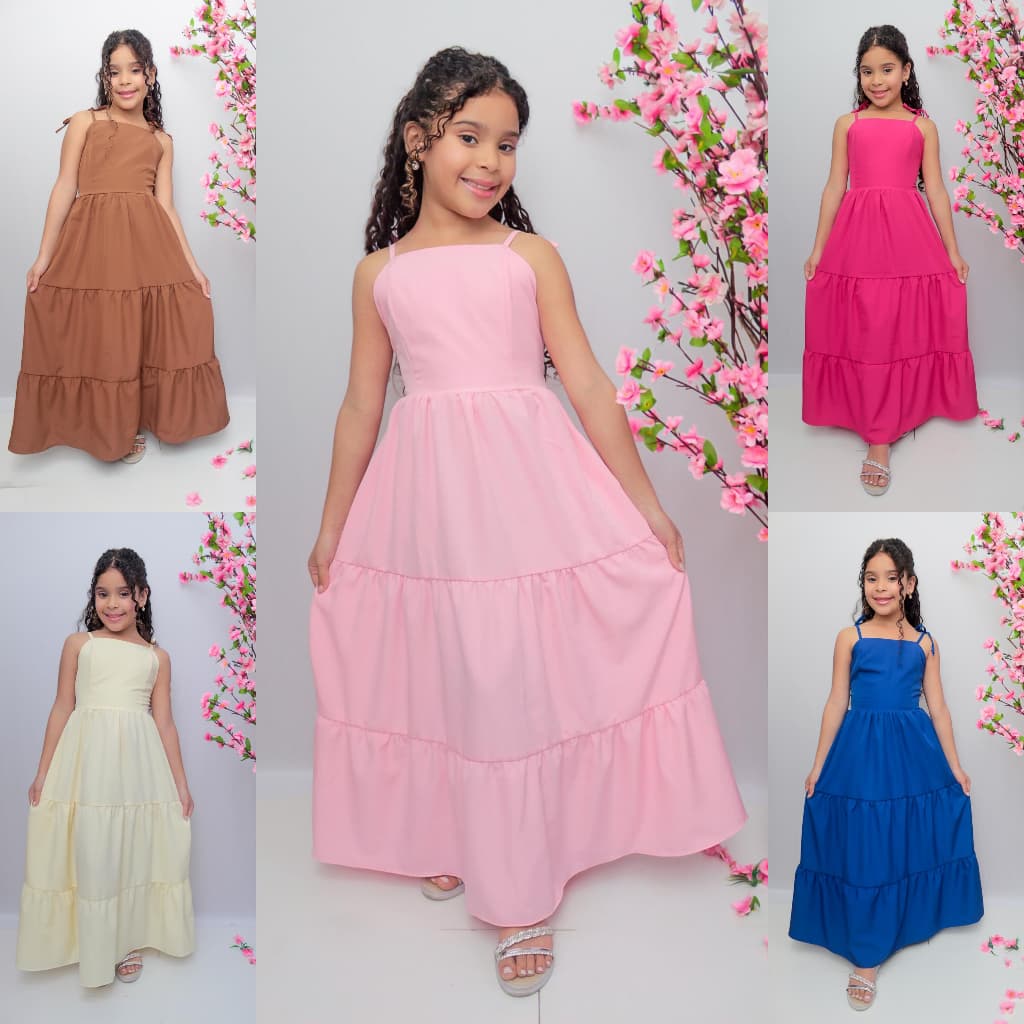 Vestido longo liso alça amarração para jovens adolescentes