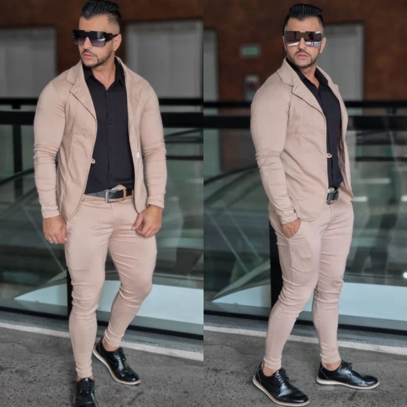 Conjunto Alfaiataria 2 Peças Blazer e Calça Masculino Slim Fit Bengaline Esporte Fino