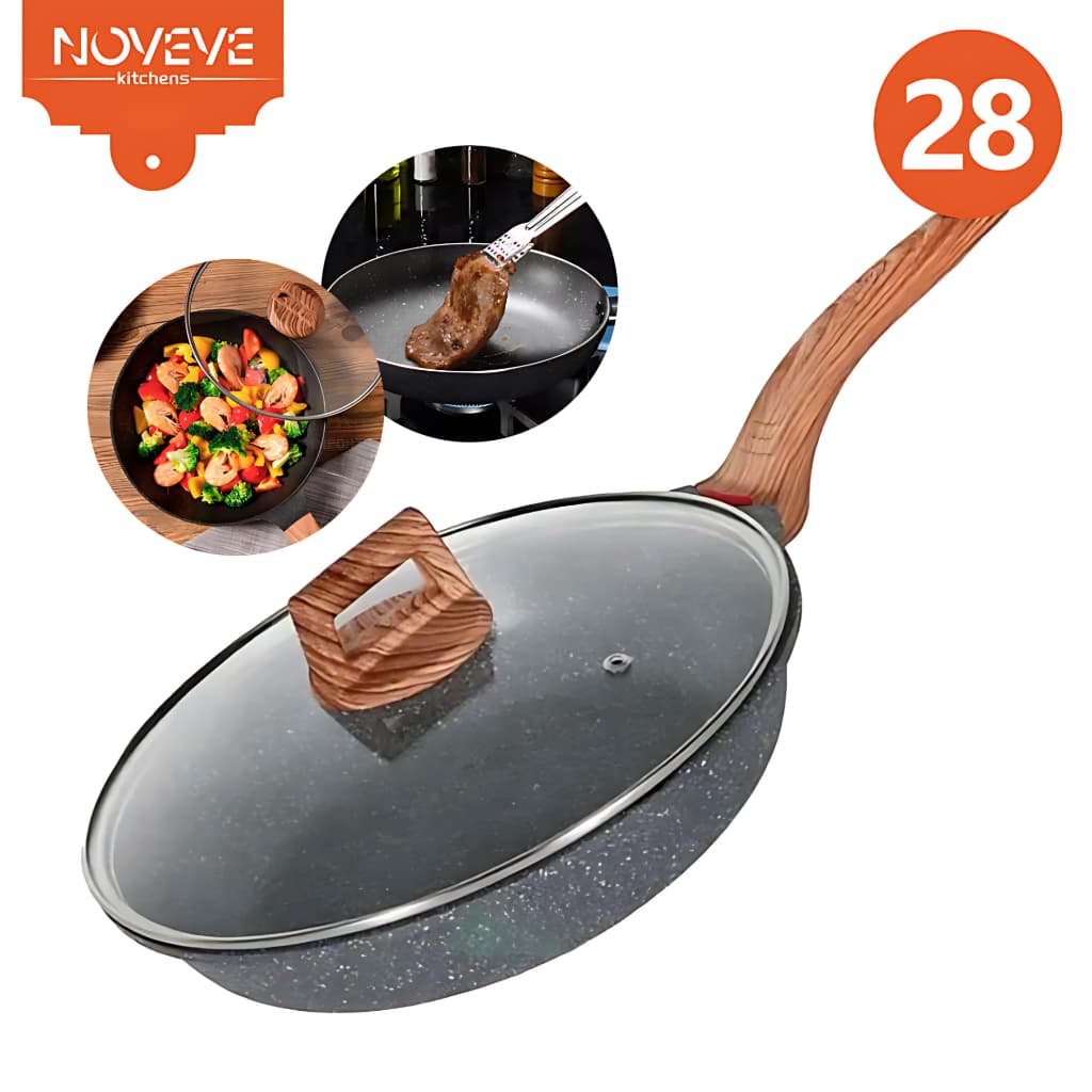 28CM Frigideira Universal Antiaderente Indução de Alumínio Revestimento Cerâmico Premium Cabo Madeira