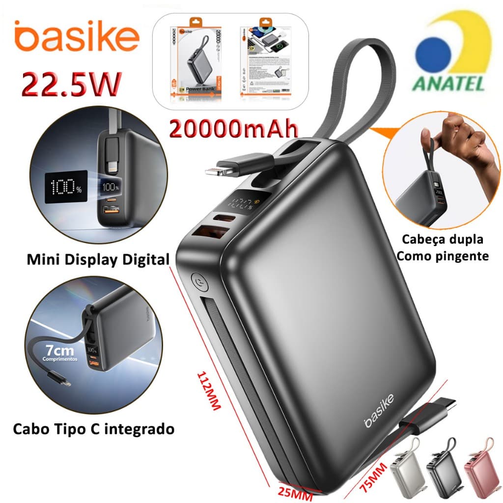 BASIKE Carregador Portátil 20000mAh - Carregamento Rápido 22.5W Power Bank Carregador Saída dupla