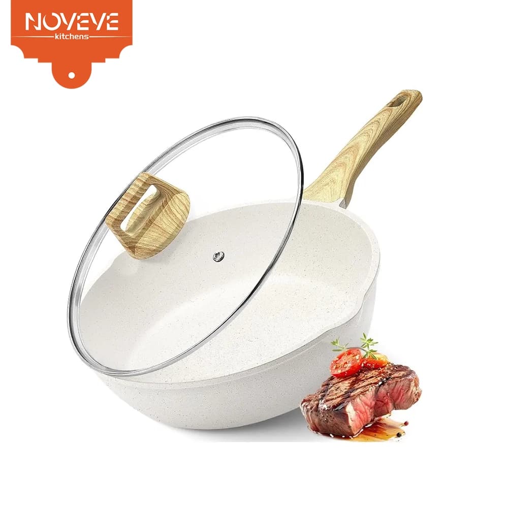 NOVEVE 28CM Frigideira de cerâmica antiaderente de com tampa de vidro, frigideira funda resistente