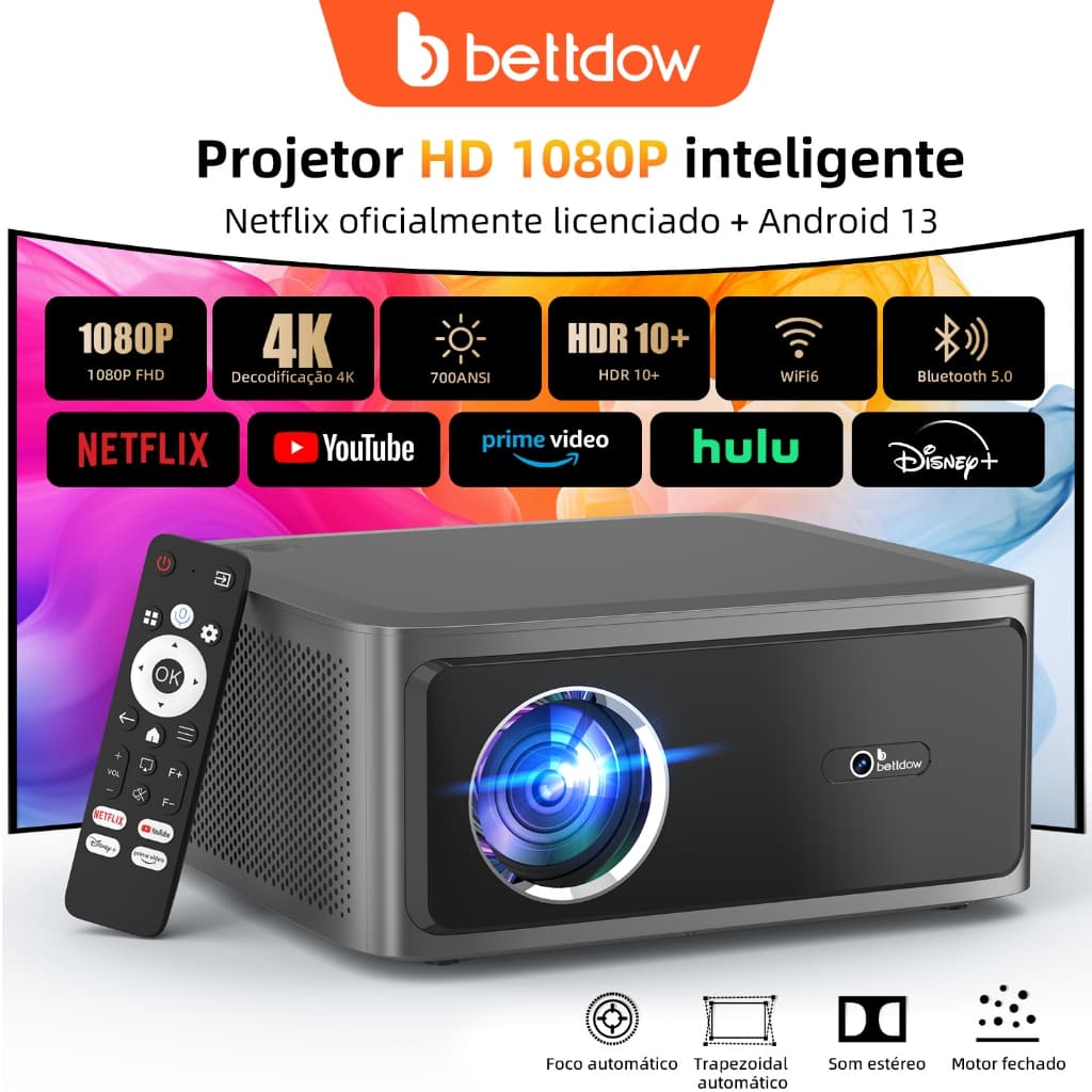 Projetor Netflix BETTDOW 1080P 4K Full HD 1000ANSI com tela grande de 300 polegadas HDR10+ Bluetooth 5.0