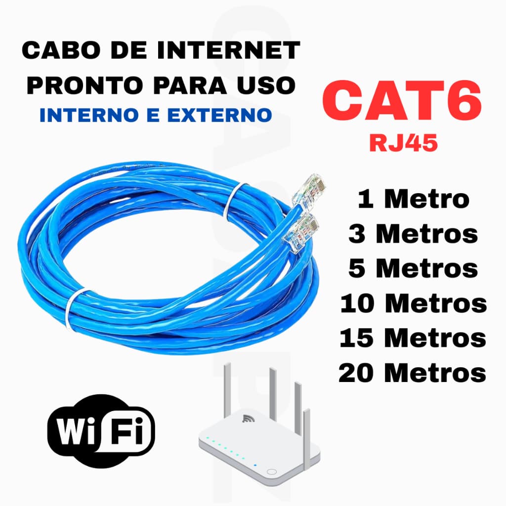 Cabo De Rede CAT6 RJ45 Internet Pc Notebook Roteador Smart Tv Games 1 3 5 10 15 20 Metros