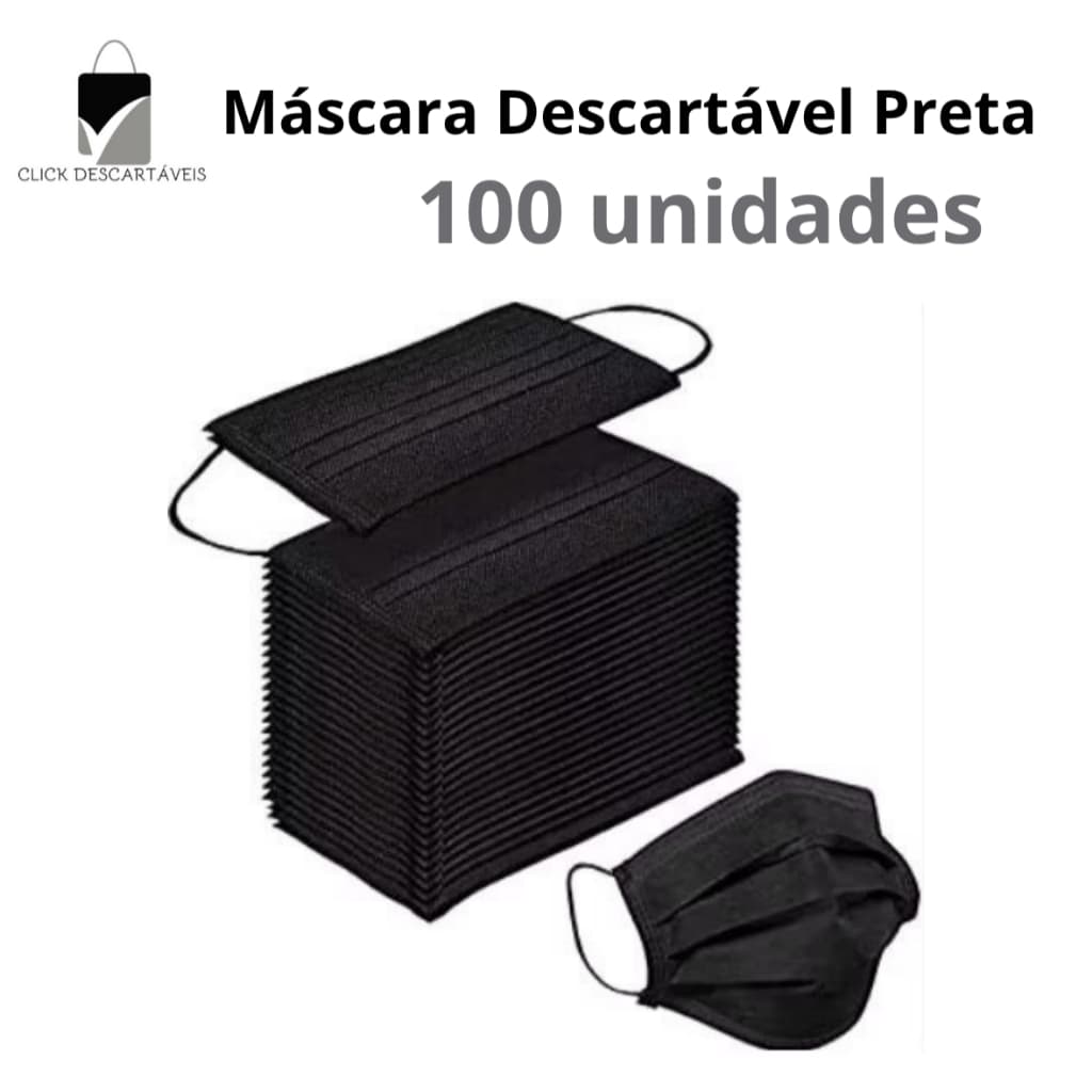 Máscara Descartável Preta Tripla Camada – Kit 100 un com Clip Nasal, Elástico Confortável