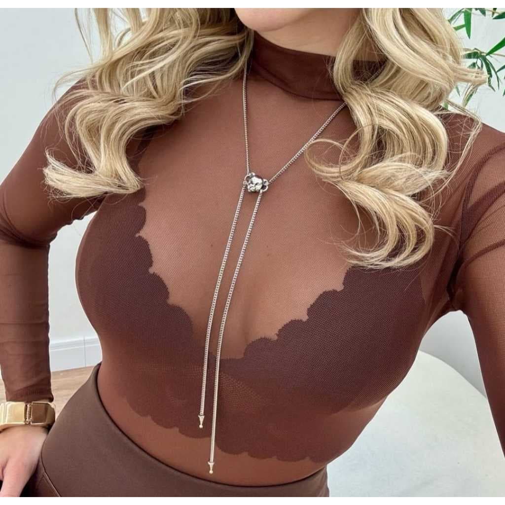 Body Tule Transparente Colorido Marrom,Nude Manga Comprida/Bodi Feminino manga longa.