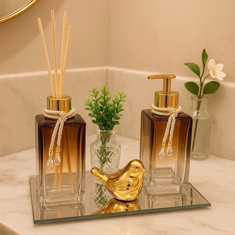 Kit Banheiro Lavabo Completo Vidro Degrade Luxuoso Com Bandeja Vasinho Passarinho