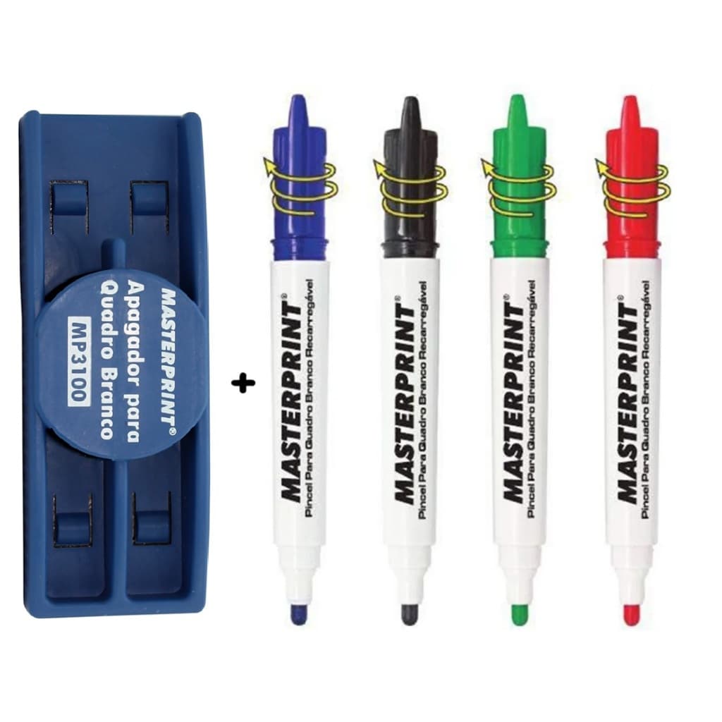Kit Apagador Para Quadro Branco C/ 4 Pinceis Recarregáveis