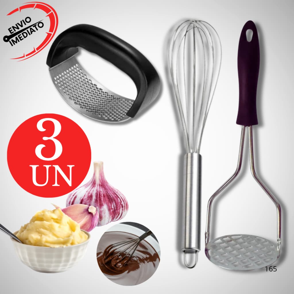 Kit Batedor Ovos Amassador Batata  Espremedor Alho Resistente Preto Rescaurante Cozinha