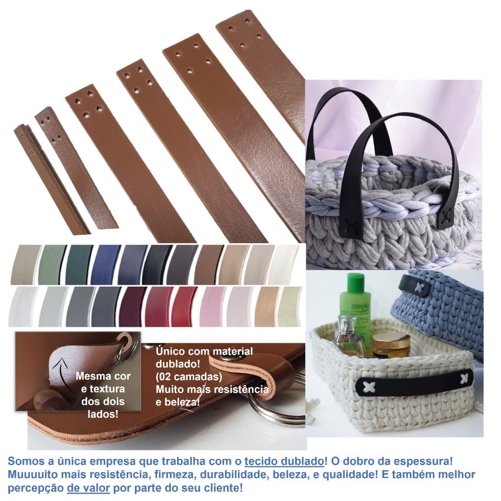 1 Par de alças 4 furos Textura de Couro Dublado - Para bolsas ou cestos e crochê, garrafas de vinho