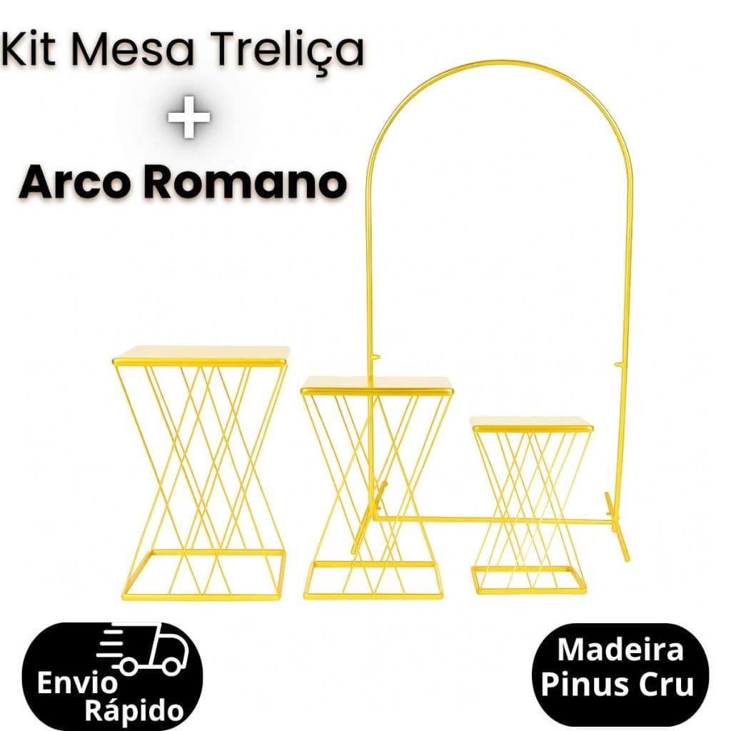 Kit Trio De Mesa Em Ferro Treliça Cruzada + Painel Arco Romano 2X1 M Decoração Festa Promoção