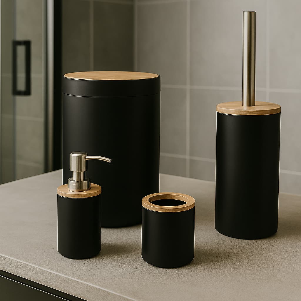 Kit Banheiro Conjunto 4 Peças Completo Lixeira Bambu Escova Sanitária Moderno Lavabo