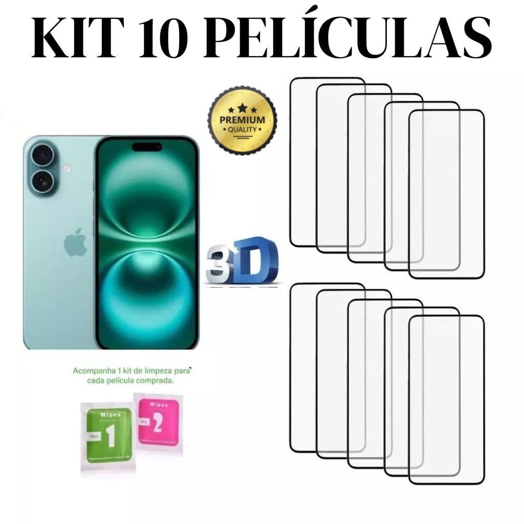 Kit 10 Película de Vidro Temperado 3D Pelicula para iPhone 11 12 13 14 15 16 Pro Max Plus