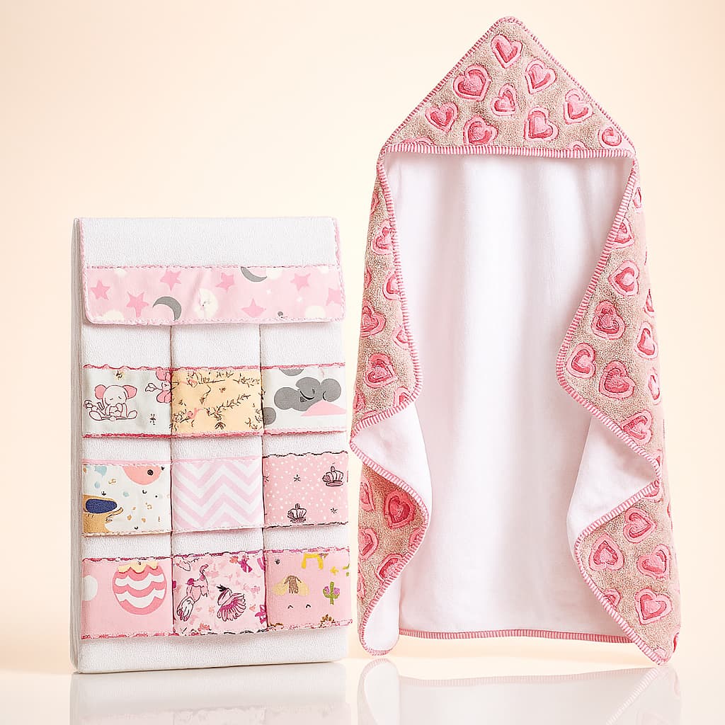 Kit Banho Bebe Toalha Fleece Forro Fralda Algodão Com 6 Toalhinhas Ombro