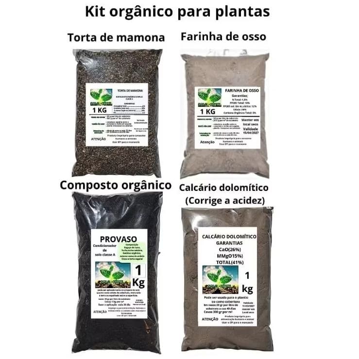 KIT FARINHA DE OSSO TORTA DE MAMONA CALCÁRIO DOLOMITICO E COMPOSTO ORGÂNICO PARA PLANTAS