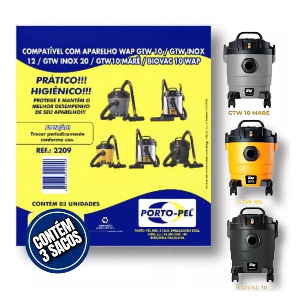 3 Sacos de Aspirador para Wap GTW 10 | GTW INOX 12 |  GETW10 MARÉ | BIOVAC 10 WAP