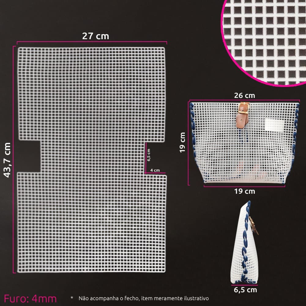 Malha chenille para bolsa 43,7x27cm ref.153946(Tela plástica) com furo 4mm