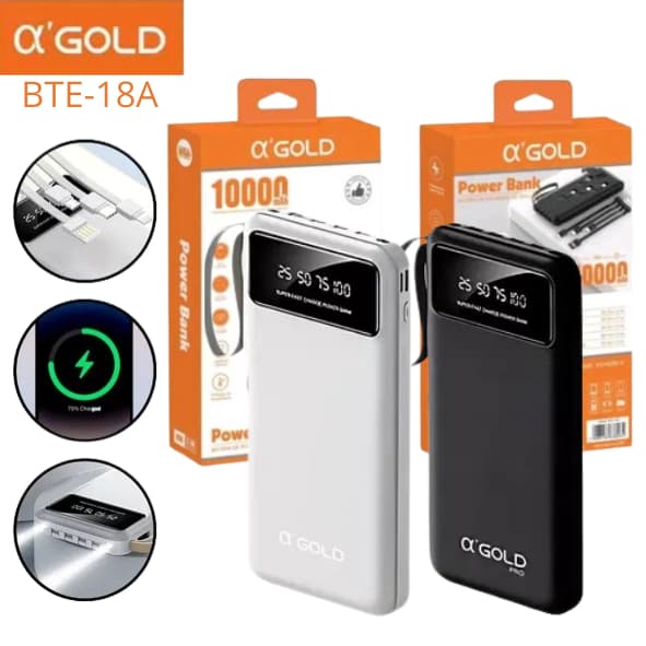 Carregador Portátil Power Bank 10000mAH Universal Com Lanterna, Visor E Suporte Para Celular A'gold BTE-18A