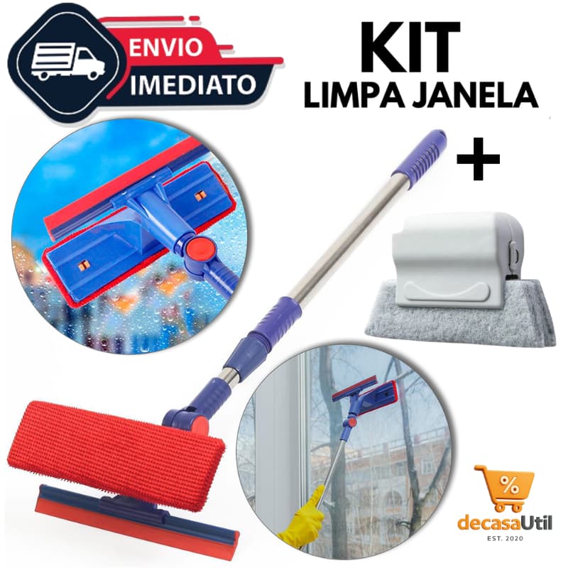 KIT Rodo Limpa Vidro + Escova Limpeza Cantos Janela Multiuso 2 em 1 Extensível com Esponja