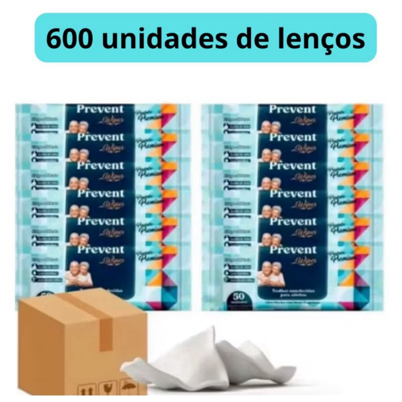 Caixa com 600 lenços Umedecido com 12 pacotes  Geriátrica Prevent 50un