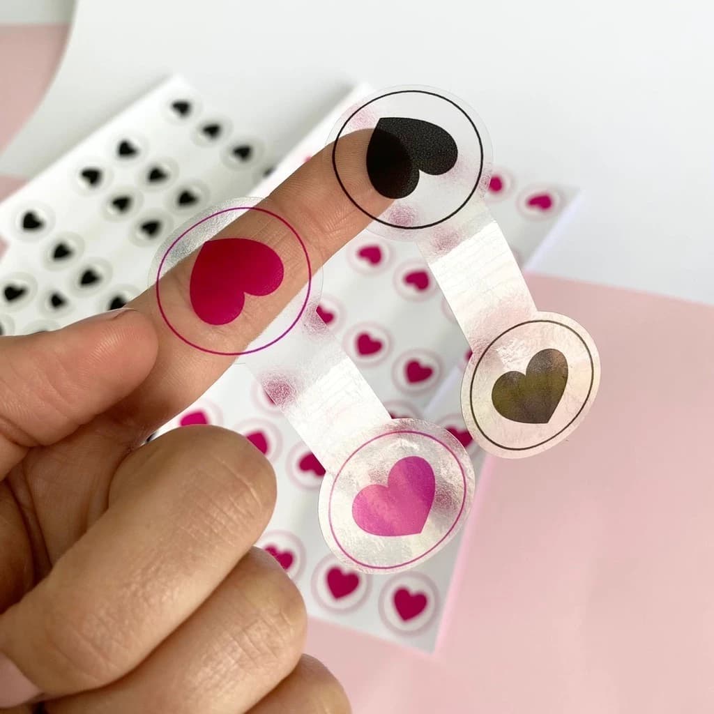 250 Etiqueta Lacre 8x3cm para Fechar Sacolas Embalagens Selo Transparente Adesivo Coração