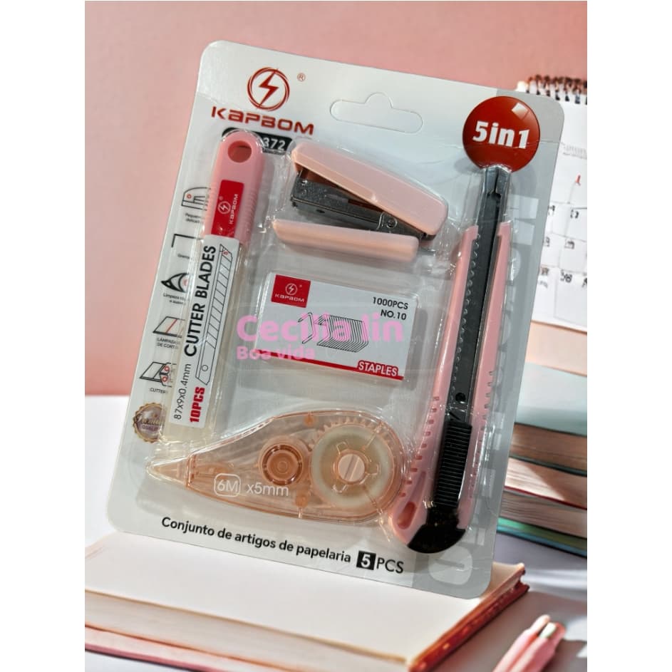 O kit5/3 de papelaria inclui cortador, grampeador e fita corretiva para escritórios escolares-LIN