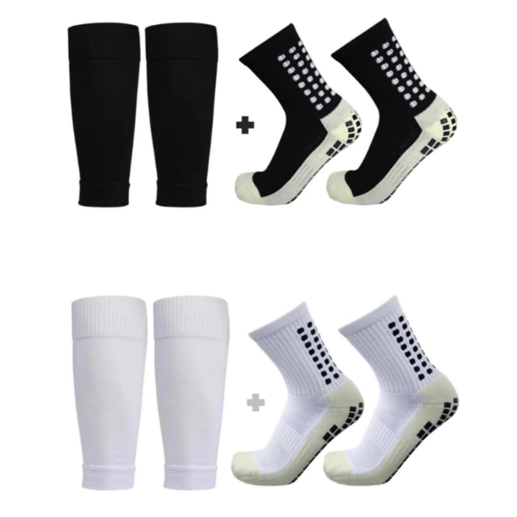 Meias Esportivas Masculinas Anti Derrapante + Canelito de Compressão Protetor de Canela Meiao de Futebol  Branco/Preto