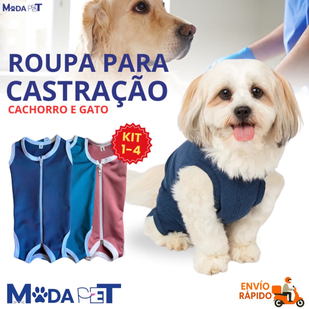 Kit 1-4 Roupa Castração Protetora para cães e gatos pós cirúrgica macho e fêmea - Tamanho 1 ao 10