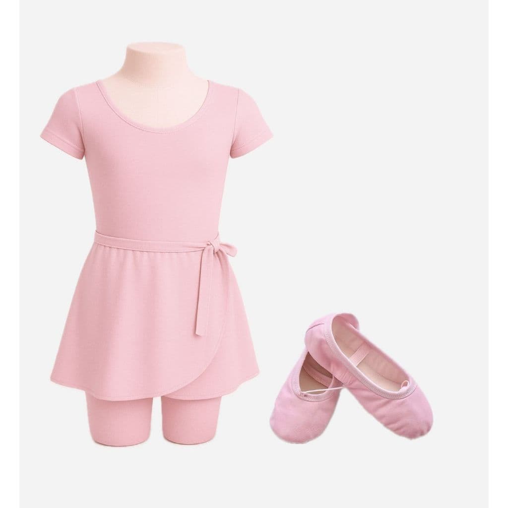 Kit 3 Itens - Collant COM MANGA + Saia de Transpassar + Sapatilha (ROSA BEBÊ)