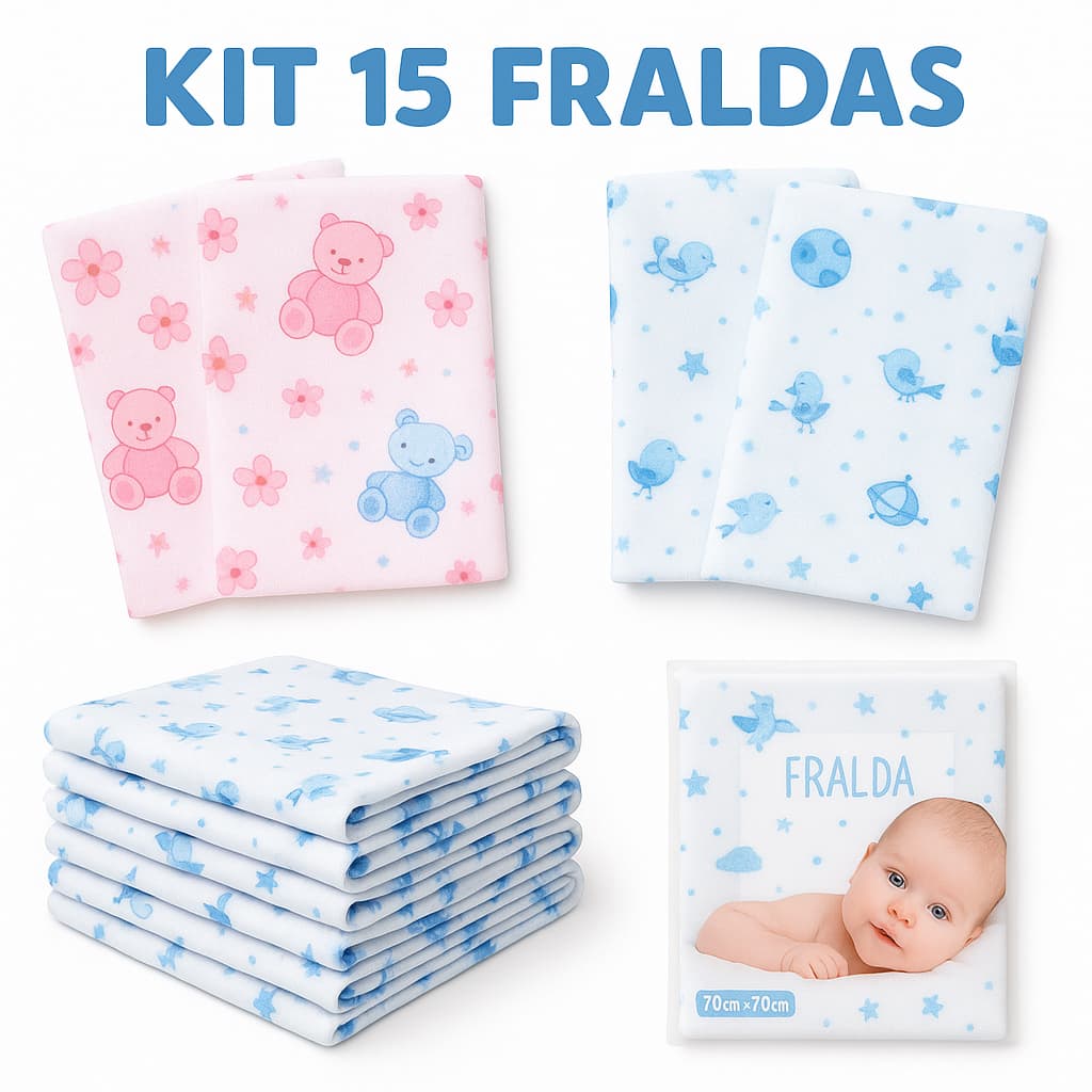 Kit 15 Fraldas de Pano 100% Bebe Minasrey