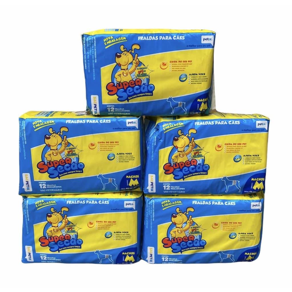5 Pacotes Fraldas Super Secão Pet Descartável para Macho M 60 Un Total