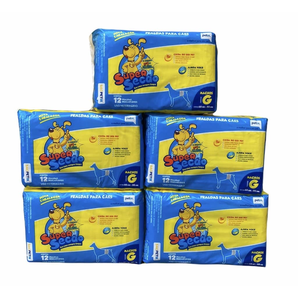 5 Pacotes Fralda Super Secão Descartável para Macho G 60 Un para Cachorro