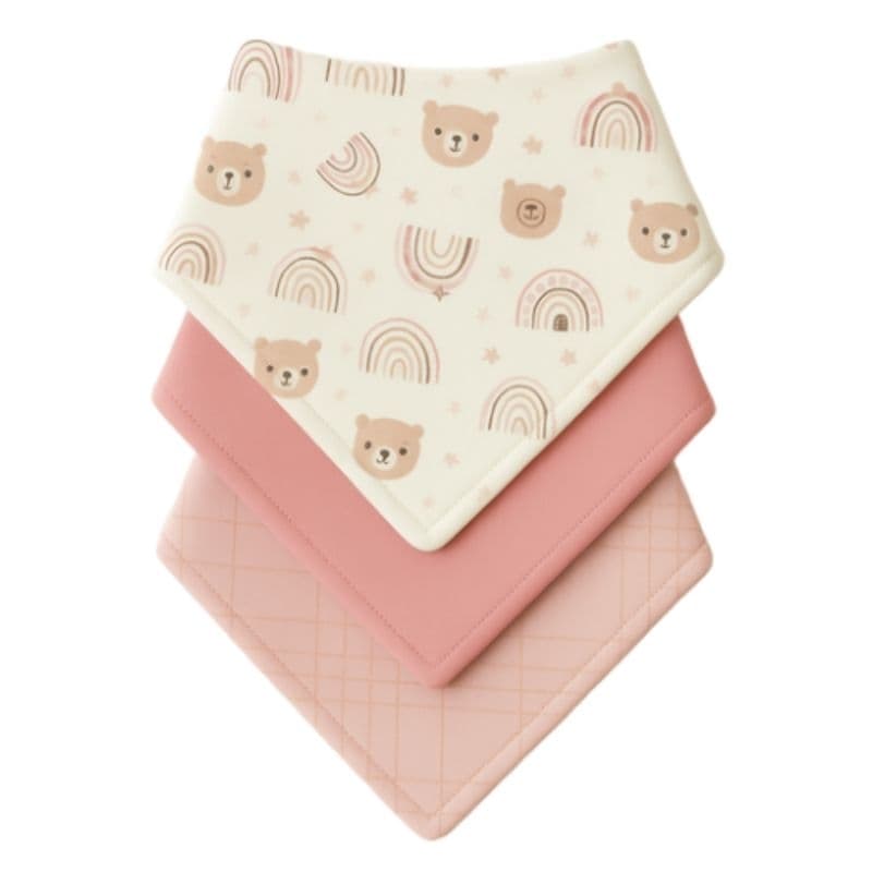 Kit com 3 Babador Bandana Bebê Menina 100% Algodão Urso Xadrez Rosê
