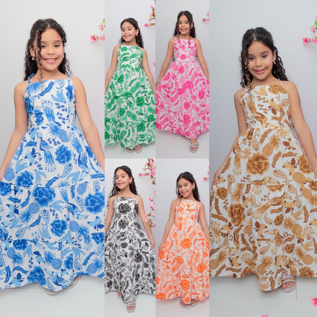 Vestido Juvenil Longo Estampado Tropical Três Marias com Laço nas Costas – Alças Ajustáveis dos 10 aos 16 Anos