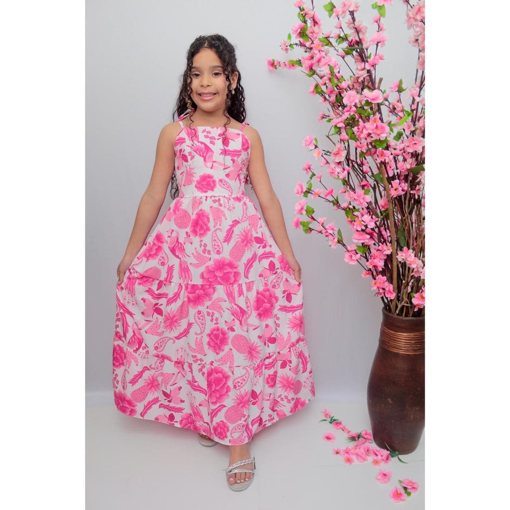 Vestido Longo Juvenil Estampado Floral Três Marias com Amarração nas Costas