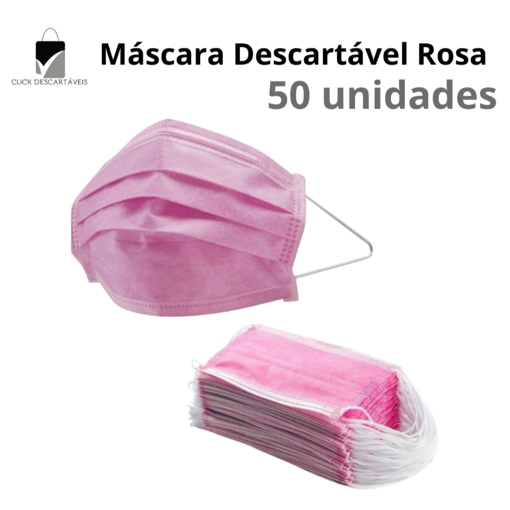 Máscara Descartável 50 Unidades Rosa,Pink Tripla Camada – Clip Nasal e Elástico Confortável