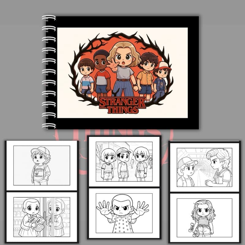 Livro de Colorir Inspirado em Stranger Things A5 Capa Dura 180g Acompanha Acetato