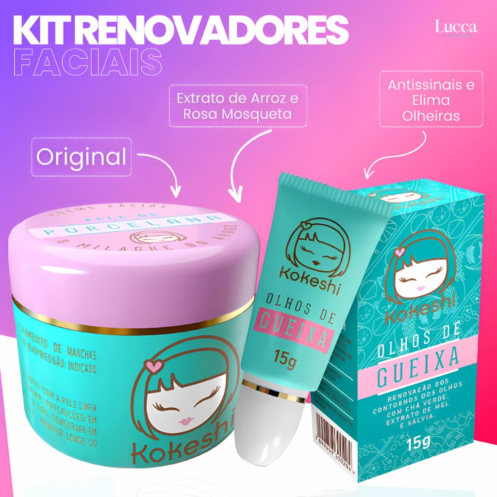 Kit Renovadores Hidratante Facial Kokeshi Pele de Porcelana + Creme Para Olheiras Olhos de Gueixas