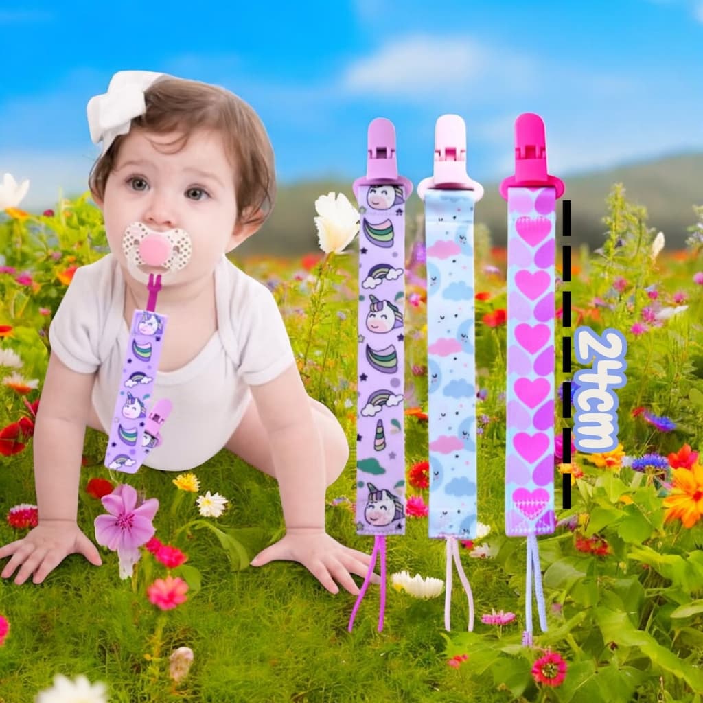 Kit 3 Prendedor de Chupeta Menina Bico Bebe Coração, Nuvem e Unicórnio Com Clipe trava