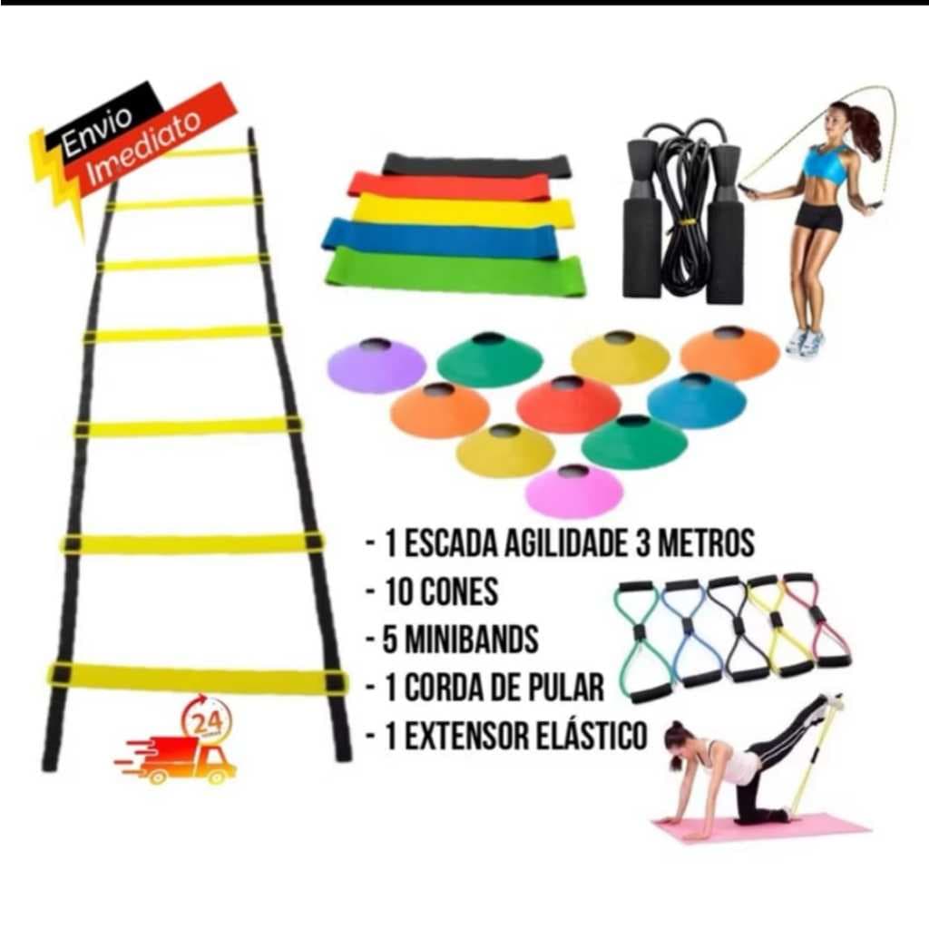 Kit Funcional Agilidade Escada 6 degraus + 10 Cones + 1 Corda de Pular + 5 MiniBands + 1 Extensor