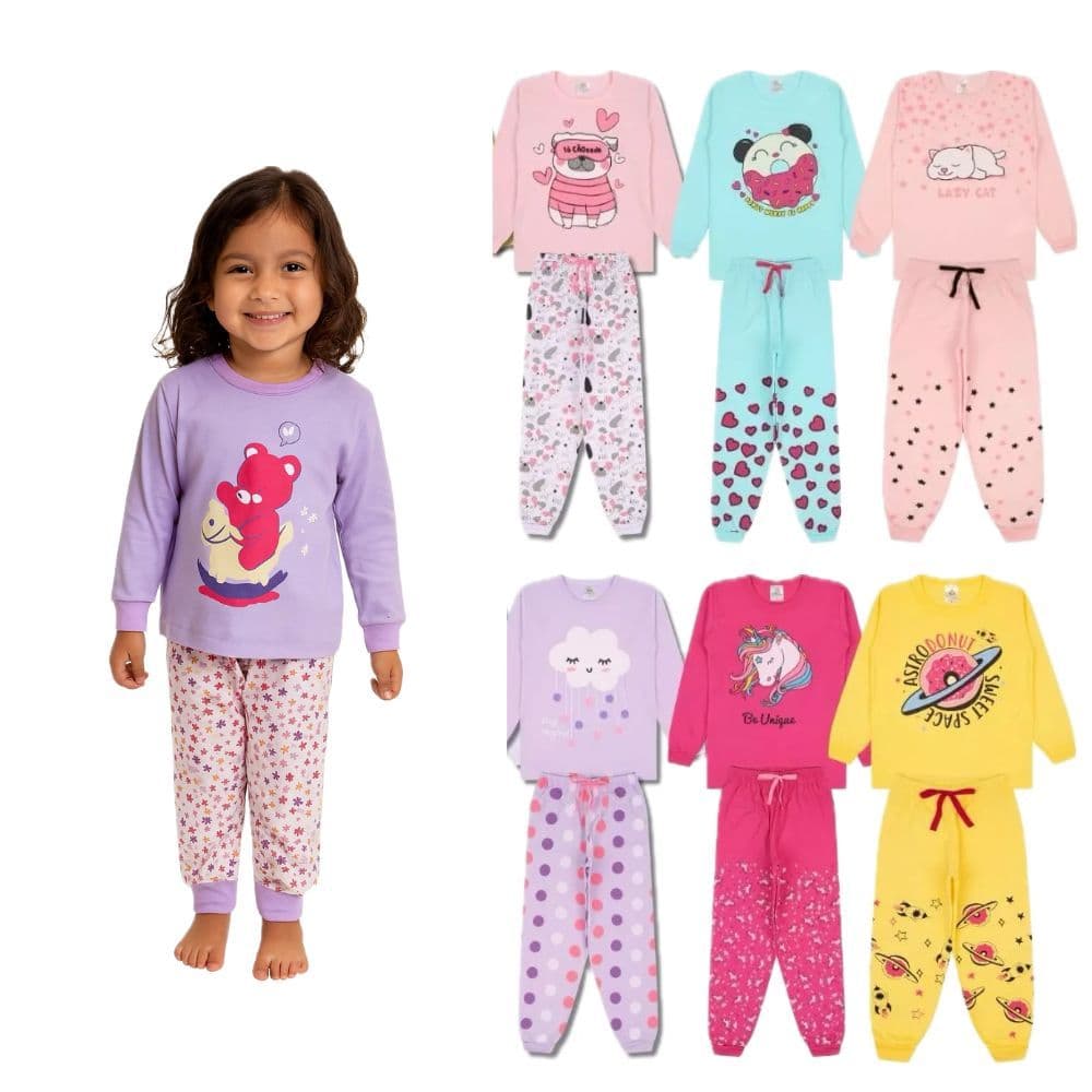 Kit 2 Peças Pijama Infantil Menina Inverno Manga Comprida