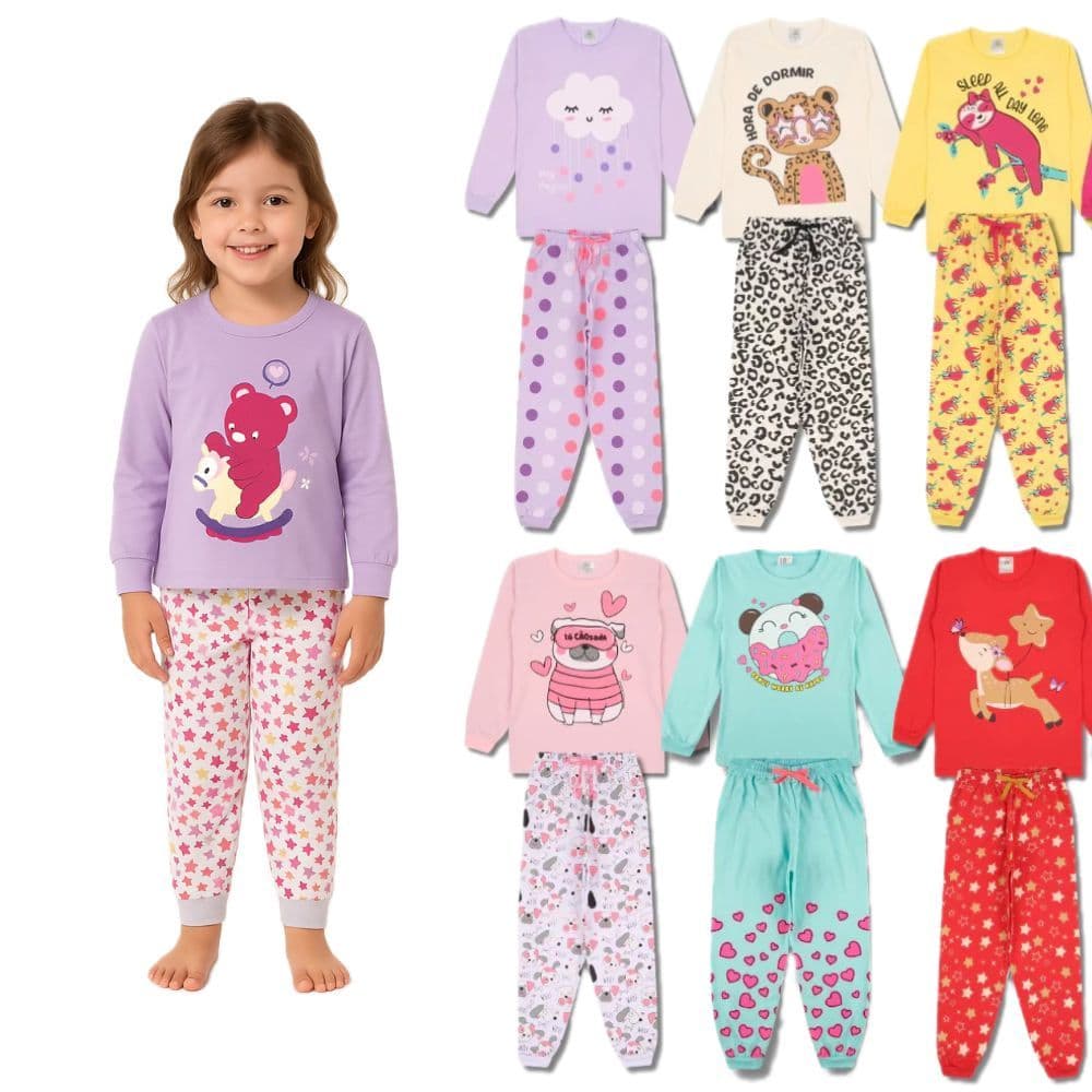 Kit 2 Peças Pijama Infantil Menina Inverno Manga Comprida