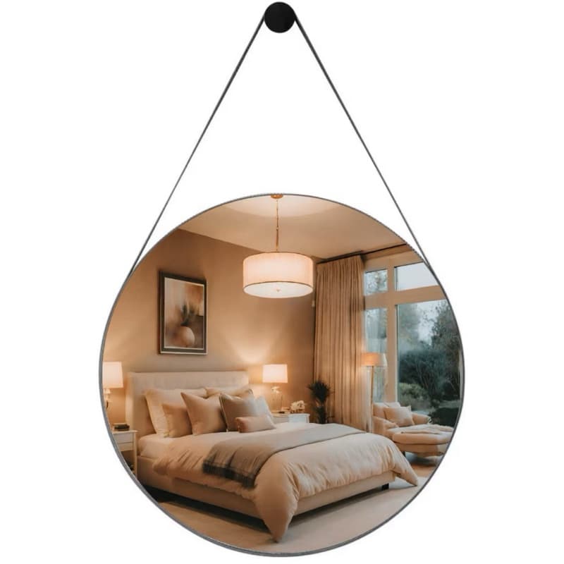 Espelho Decorativo Redondo Com Couro Adnet Para Banheiros Quartos Salas Estilo Retrô C/ Pino Suporte