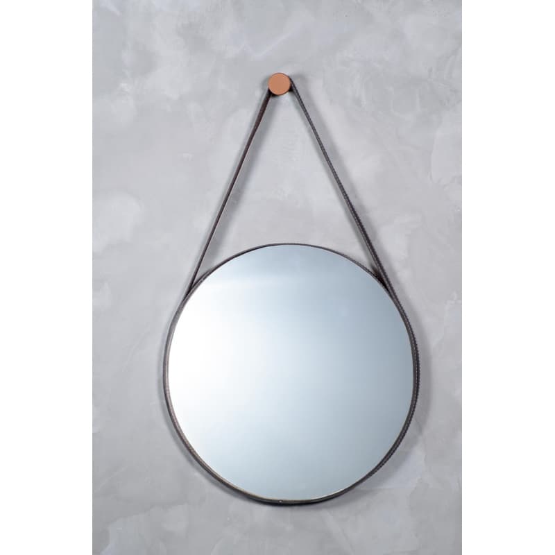 Espelho Decorativo Redondo Com Alça de Couro Adnet Para Banheiro Sala 60cm C/ Pino Suporte